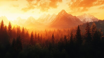 Breathtaking sunset over majestic mountains and lush trees in a serene forest landscape
