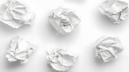 Set of crumpled white paper balls on a white background with textured paper surface