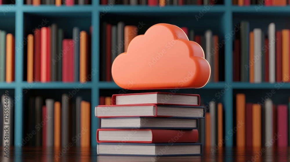 Poster cloud computing concept with bookshelf background and stack of books