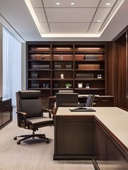 A sophisticated law firm office with dark oak furniture, bookshelves, and a white frame.