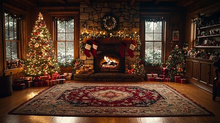 Cozy Christmas living room fireplace, gifts, snow. Holiday card