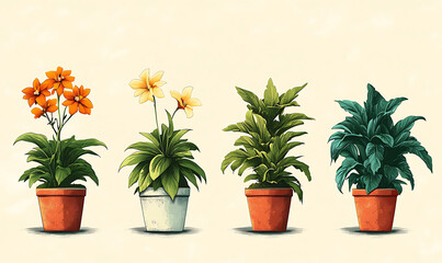 Fototapeta premium Depicting the stages of a houseplant decline, from full bloom to wilting, drying