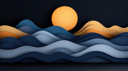 Abstract Paper Cut Waves with Sun Illustration in Warm Tones and Dark Background