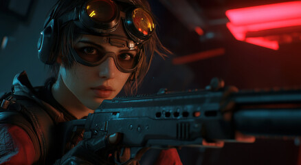 A determined female figure wearing goggles grips a weapon, ready for action in a dynamic, futuristic environment filled with neon lights