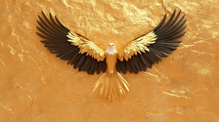 Golden eagle with outstretched wings on textured gold background