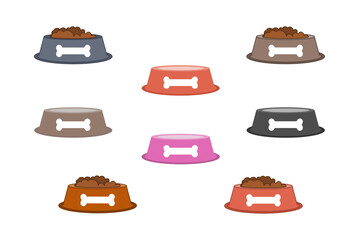 Series of colorful bowls with food for dog or cat - vector