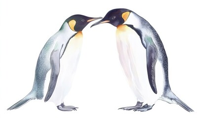 Fototapeta premium Two emperor penguins engaging in a courtship display, surrounded by a serene white background