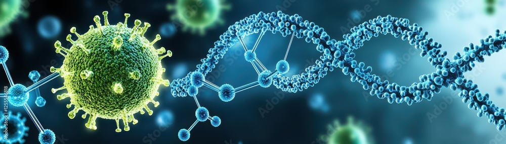 Poster a vibrant depiction of dna strands intertwined with viral structures, illustrating the intersection 