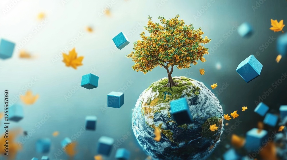 Poster a globe with a tree sprouting from it, surrounded by falling leaves and geometric blue cubes, symbol