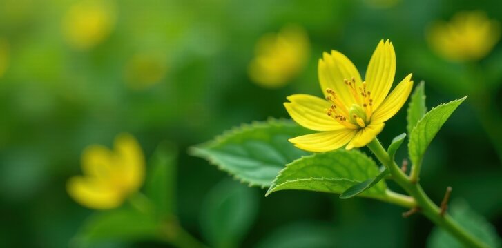 Thick greenish yellow flowers and small pointed leaves on wiry stem, branches, thorny, stems