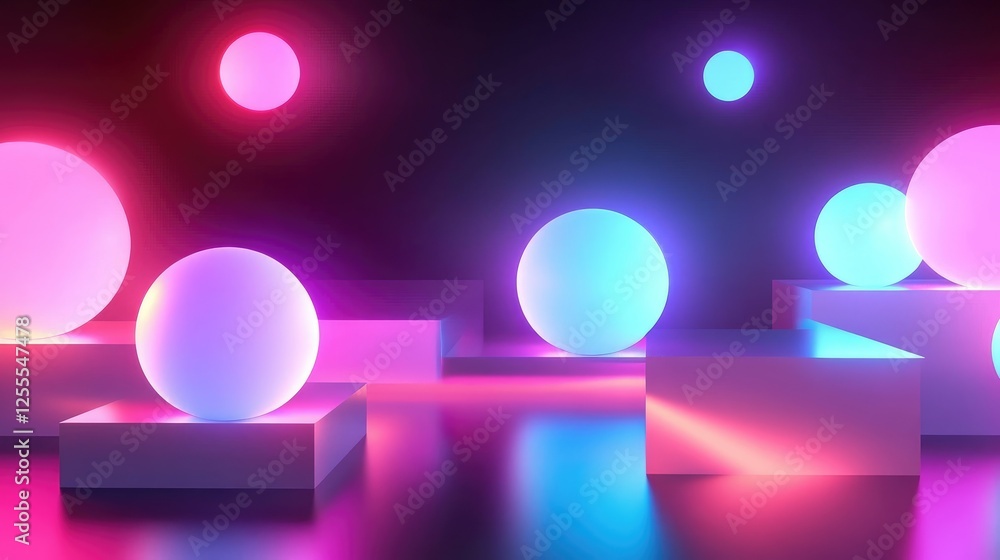 Poster A glowing high-contrast image of neon spheres placed on geometric platforms, creating an abstract, futuristic look with bold colors and shapes