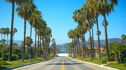 Scenic Palm Tree Lined Road Leading to a Beachfront Paradise in California