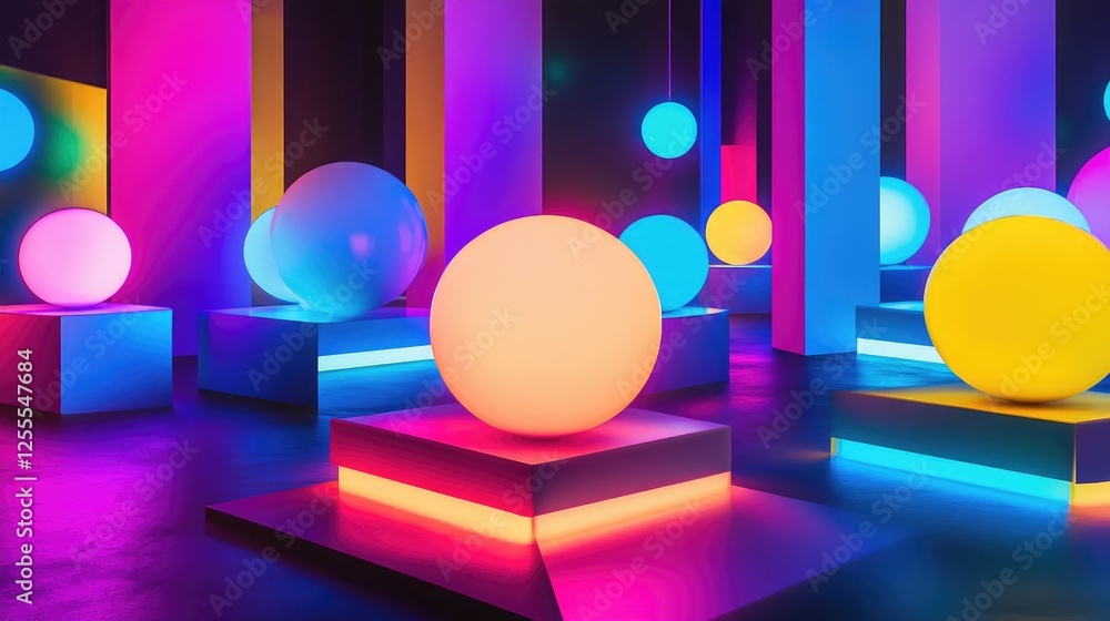 Aufkleber A glowing high-contrast image of neon spheres placed on geometric platforms, creating an abstract, futuristic look with bold colors and shapes