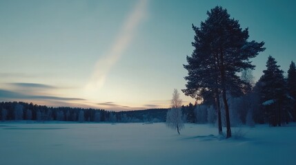 Serene winter landscape with snow-covered field and frosted trees at dusk