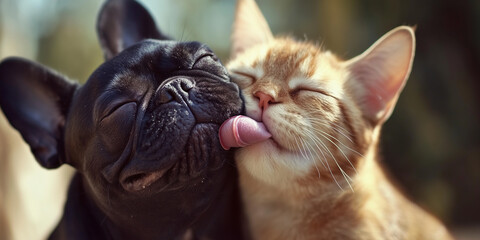Dog and cat happily licking each other