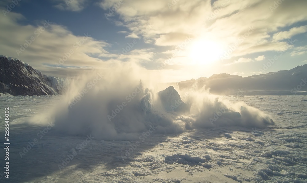 Poster a serene landscape of snow and ice, with a sunlit sky illuminating the snowy terrain and a snow form