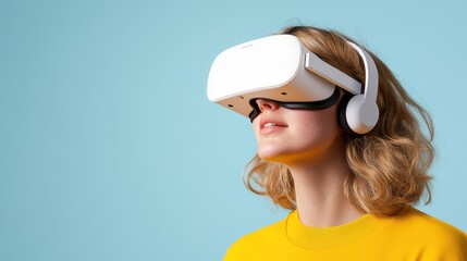 Young woman enjoying virtual reality with headset and headphones