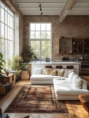 Fototapeta premium A spacious industrial loft with exposed brick walls, large windows, and a white frame.