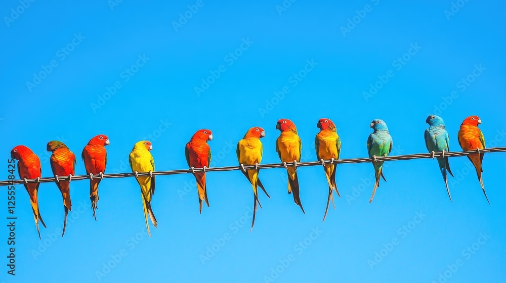 Poster A group of colorful birds perched on a power line under a brilliant azure sky, creating a lively and natural setting filled with energy