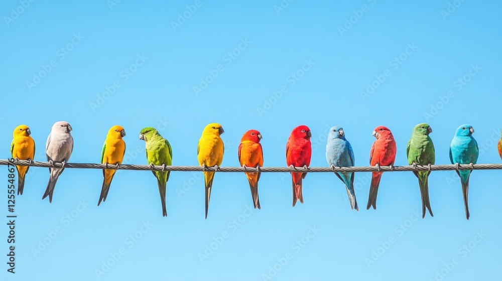 Aufkleber A group of colorful birds perched on a power line under a brilliant azure sky, creating a lively and natural setting filled with energy