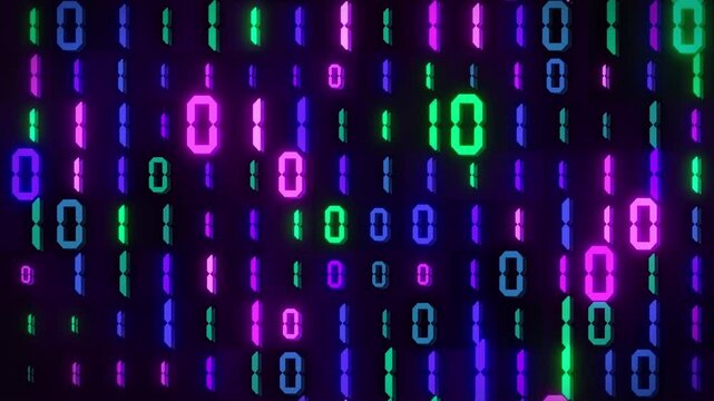 A vibrant animation of colorful binary code and changing computer digits