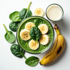 Green smoothie bowl with banana and spinach, served with yogurt.