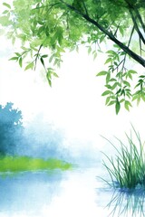 Obraz premium Tranquil Water Scene with Lush Greenery and Soft Blue Hues