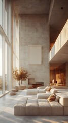 A spacious, modern penthouse with panoramic windows and a white frame positioned over a velvet sofa
