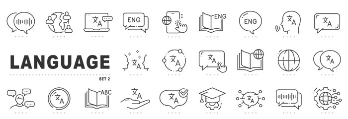 Set of language related line icons. Translator, talk, global etc. Editable stroke. Set 2 © tutti_frutti