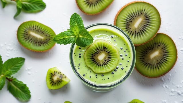Vibrant green smoothie with kiwi slices and mint leaves on a white background.