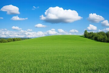 Obraz premium Lush Green Landscape Under Bright Blue Sky with Fluffy Clouds