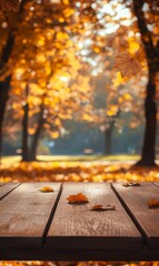 Golden vista backdrop featuring autumn leaves falling in a sunlit seasonal ambiance scene