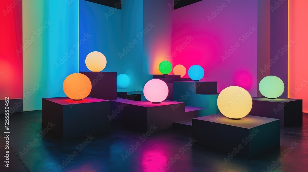 Poster a high-contrast image of luminous neon spheres placed on geometric platforms, creating a modern and 
