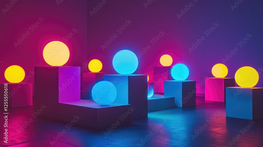 Poster a high-contrast image of luminous neon spheres placed on geometric platforms, creating a modern and 