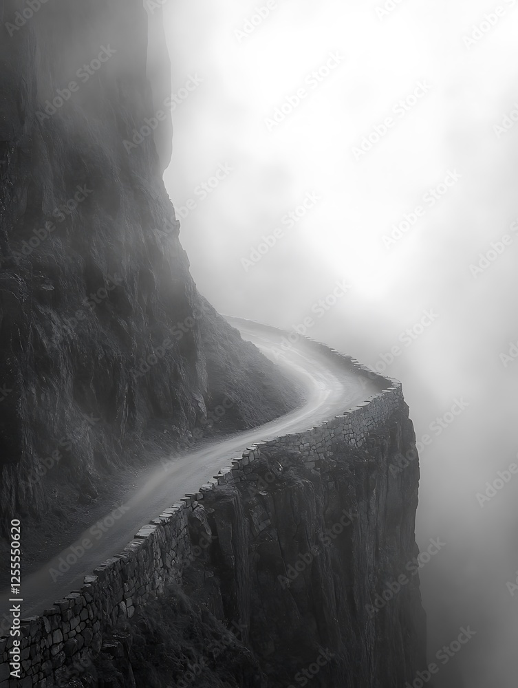 Poster a winding road hugs a cliff, shrouded in mist, creating a mysterious and atmospheric scene that evok