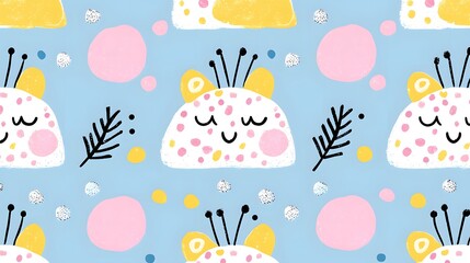 Cute Playful Pattern with Colorful Smiling Characters and Dots