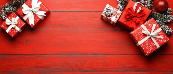 Fototapeta premium Red And White Gift Boxes On Red Wooden Background