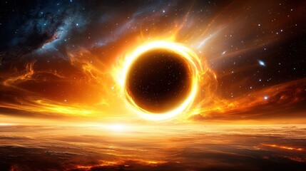 Cosmic Solar Eclipse with Fiery Halo and Starry Background