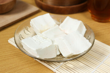 Delectable Cubes of Fresh Tofu on a Glass Plate