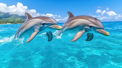 Obraz premium Playful dolphins leaping in crystal blue ocean waters under clear skies
