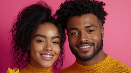 Smiling couple in yellow outfits against pink background holding flowers