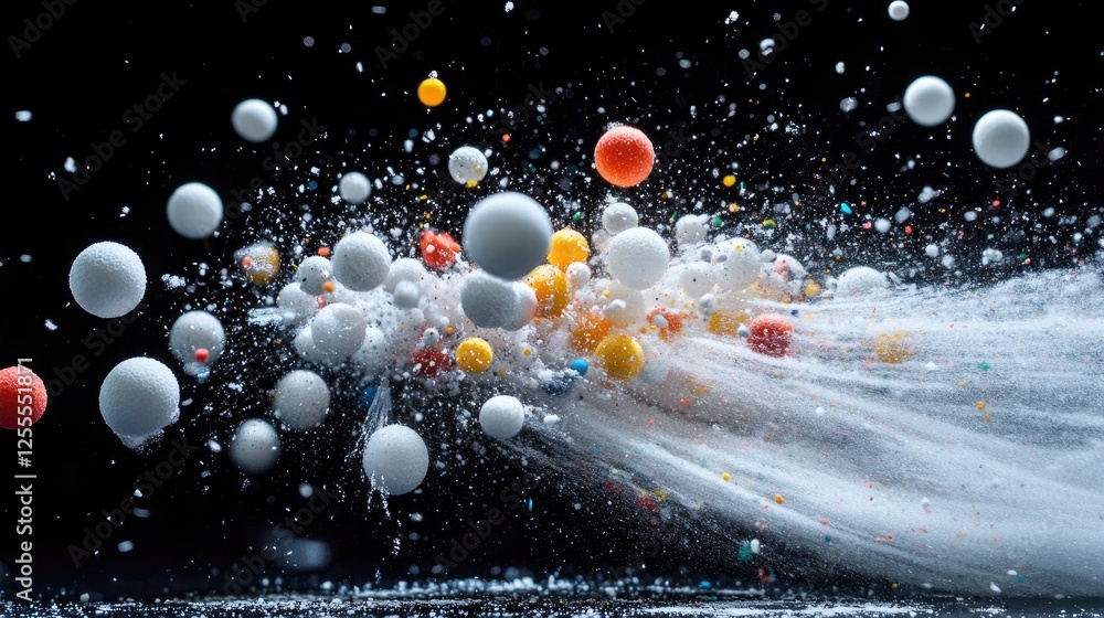 Poster A high-speed capture of Styrofoam mini balls bursting outward, with colorful particles scattering and motion blur enhancing the sense of action