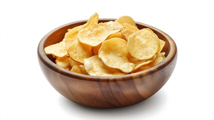 Crispy potato chips snacks in wooden bowl center white background