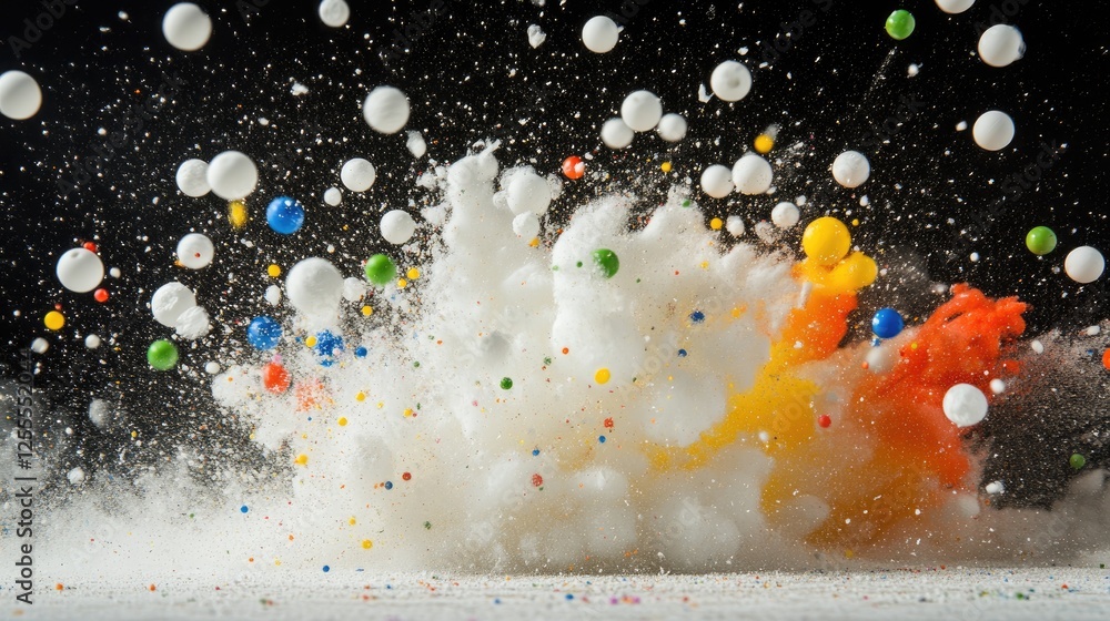 Poster a high-speed capture of styrofoam mini balls bursting outward, with colorful particles scattering an