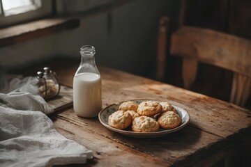Fototapeta premium Rustic kitchen scene with milk bottle and freshly baked cookies on wooden table