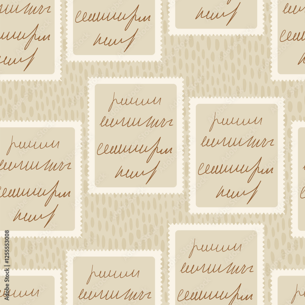 Aufkleber scribble handwritten script text on post stamps seamless pattern. unreadable letter endless backgrou