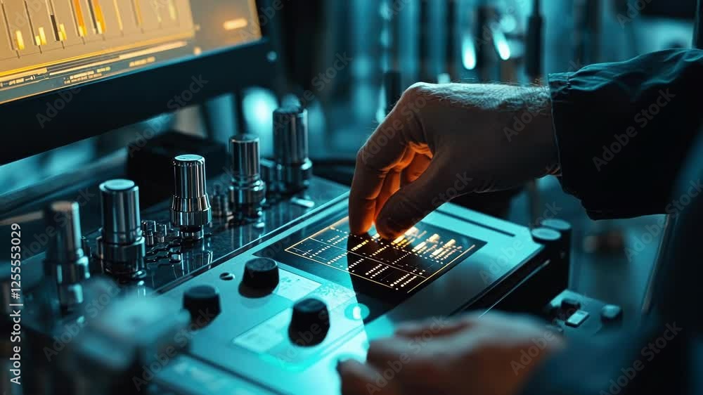 Poster close up of a sound engineer's hand adjusting audio levels and frequencies on a mixer in a professio