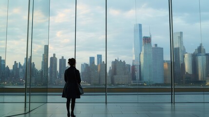 Fototapeta premium Woman contemplates the New York City skyline from a modern building