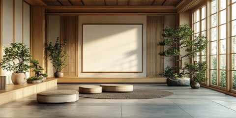 Tranquil Zen Space with Empty Wall Signage, Bright Natural Light, Plants, and Simple Furnishings for Inspired Serenity and Calm Atmosphere
