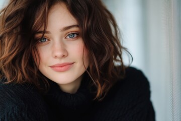 Naklejka premium Cheerful woman with curly hair smiling softly in a cozy indoor setting during daylight